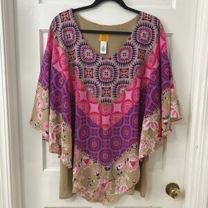 Ruby Rd Poncho Top 3X Chiffon Colorful Flutter Sleeve Layered Lined Boho Art